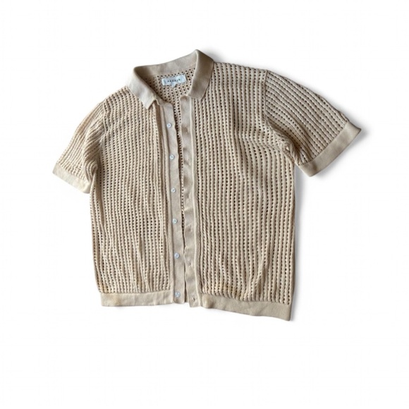 PacSun| Off White Open Knit Polo 2.0 Woven Camp Shirt Size M 100% Cotton - Picture 7 of 8